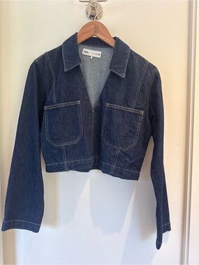 ZARA Indigo Cropped Denim Jacket with Patch Pockets